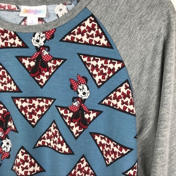 LuLaRoe Disney Minnie Mouse Randy Top Woman's Large L Blue Grey Raglan Shirt - Picture 4 of 7